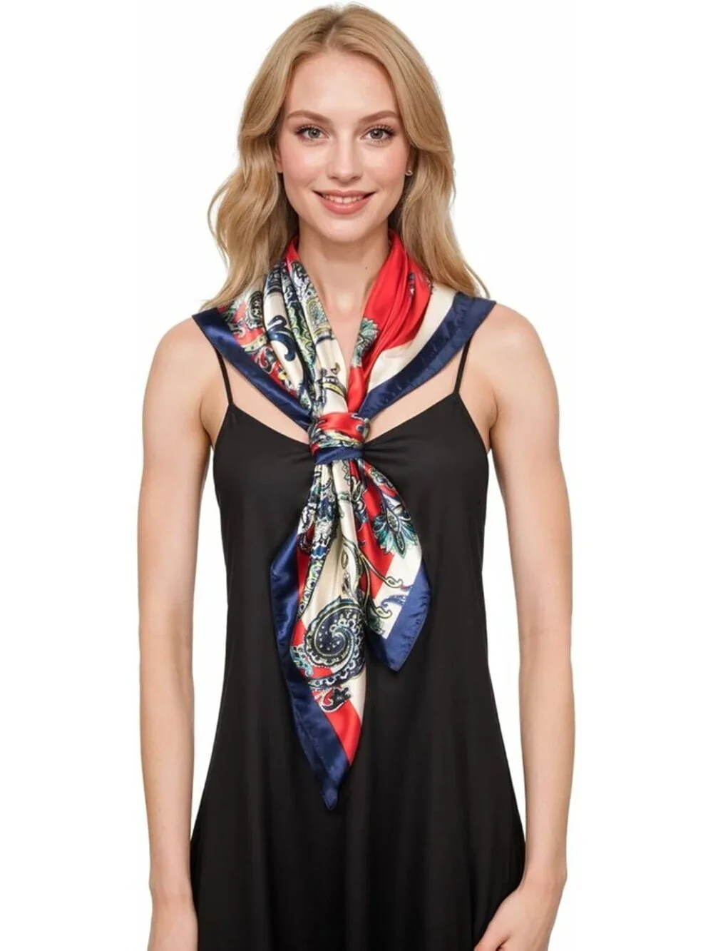 Women's Red Navy Printed Square Scarf Bandanas Hair Scarf 35 Inches